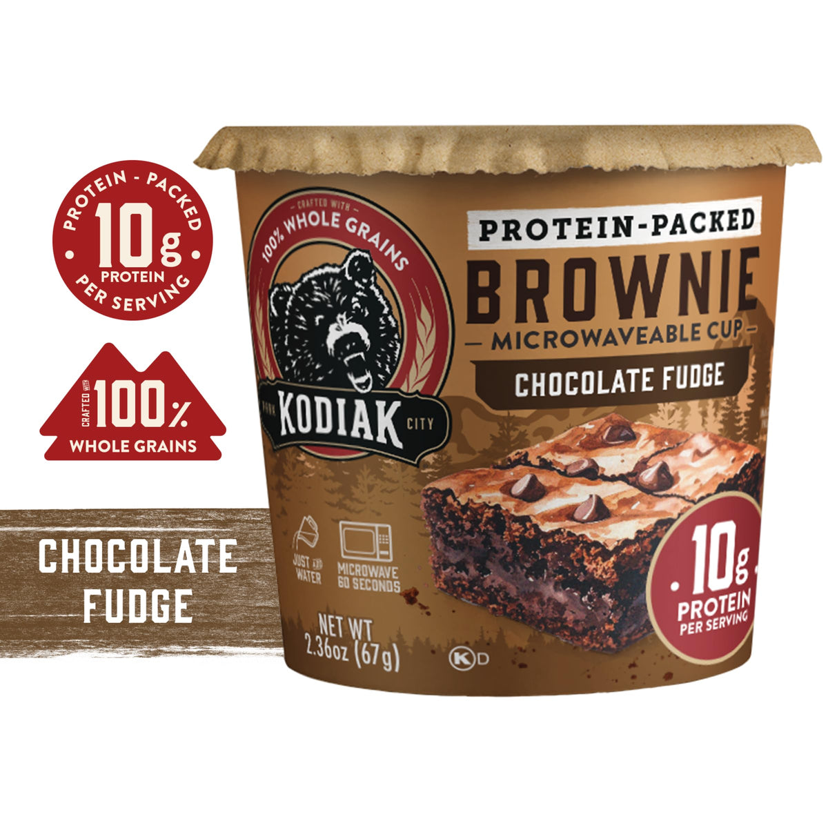 Kodiak Cakes brownie cup, prep with water or milk for quick protein.