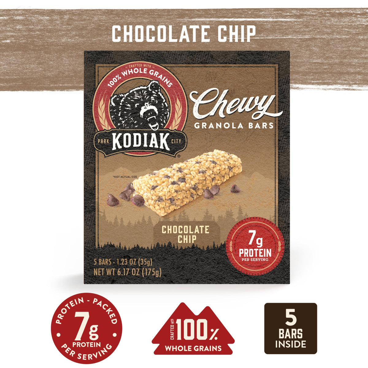 Kodiak Cakes Chewy Granola Bars Chocolate Chip close-up showing chewy texture and chocolate chips