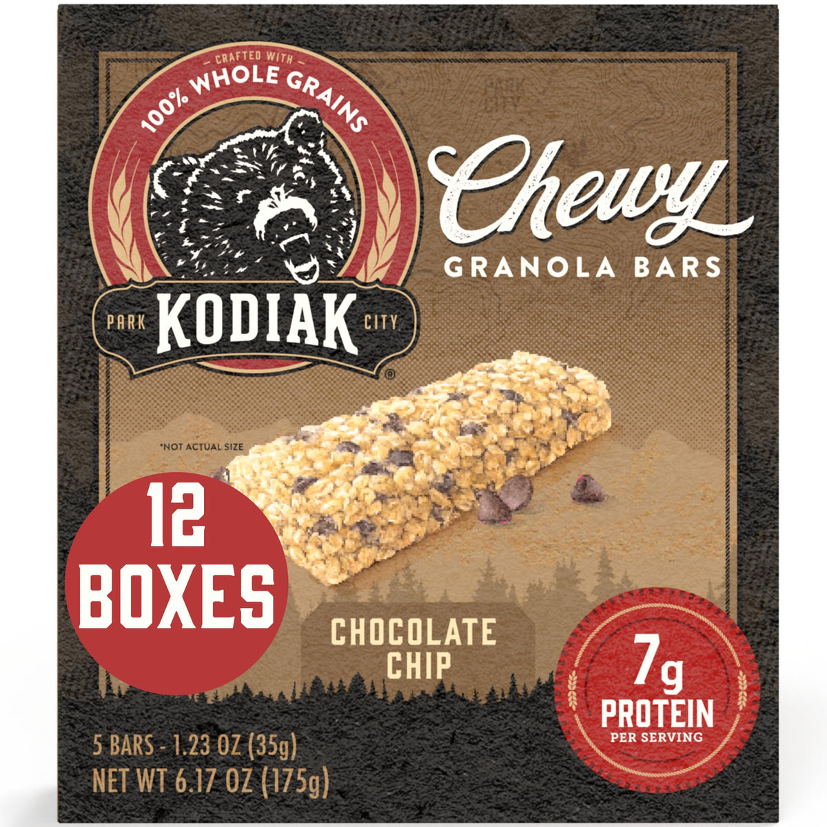 Kodiak Cakes Chewy Granola Bars Chocolate Chip pack shot, highlighting protein-packed convenience