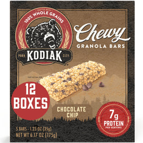 Kodiak Cakes Chewy Granola Bars Chocolate Chip pack shot, highlighting protein-packed convenience