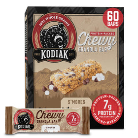 Kodiak Cakes Chewy S'mores bar pack image showing 12-box display for on-the-go snacking.