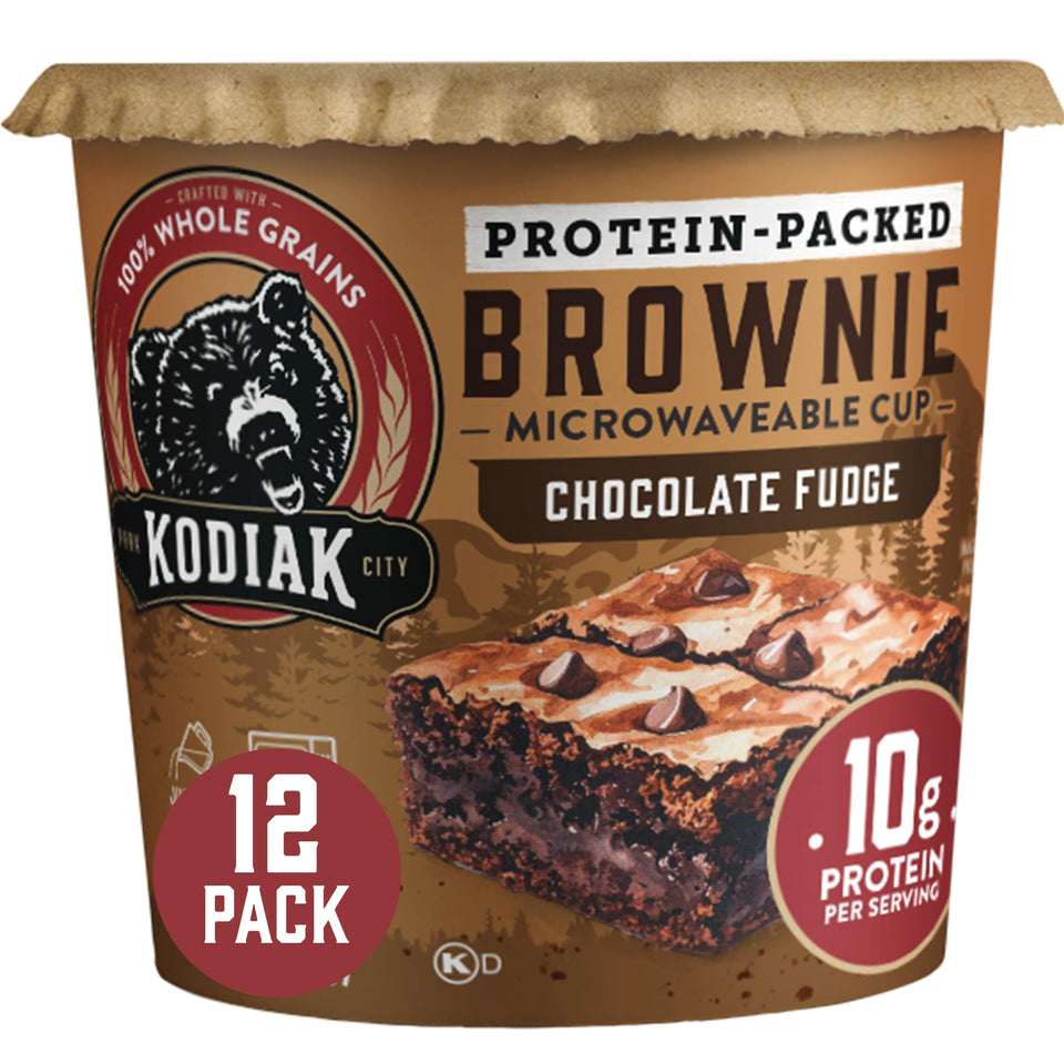 Kodiak Cakes chocolate fudge brownie in a cup, ready-to-eat snack.