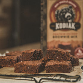 Kodiak Cakes Brownie Mix baking in oven for a wholesome, satisfying dessert.