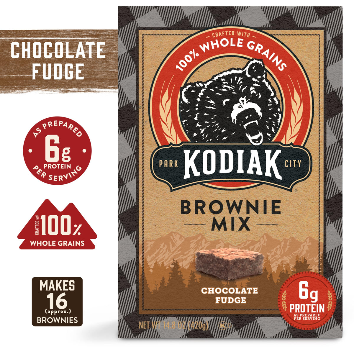 Kodiak Cakes Chocolate Fudge Brownie Mix dry ingredients closeup, highlighting whole grains and non-GMO quality