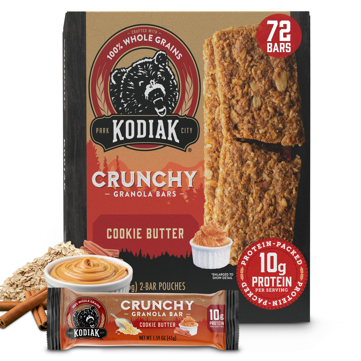 Kodiak Cakes Cookie Butter granola bar pack on display for on-the-go protein