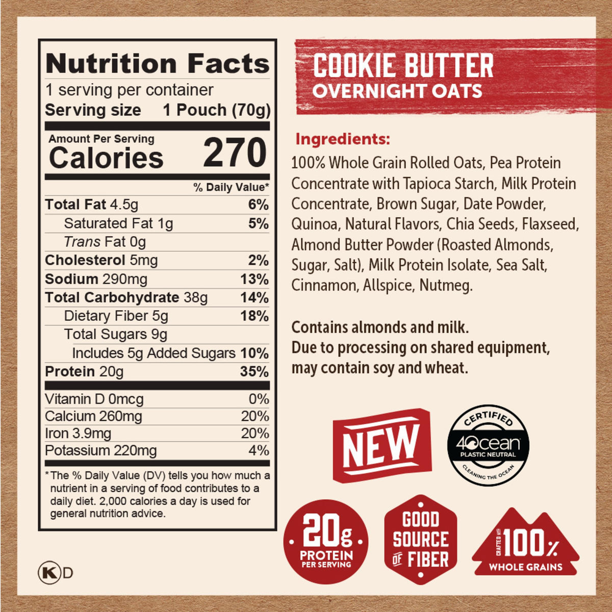 Kodiak Cakes cookie butter oats ingredients highlight wholesome texture.