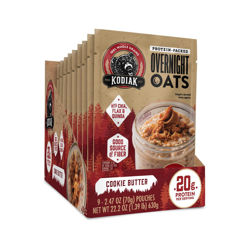 Kodiak Cakes Cookie Butter Overnight Oats pack, protein-packed morning option.