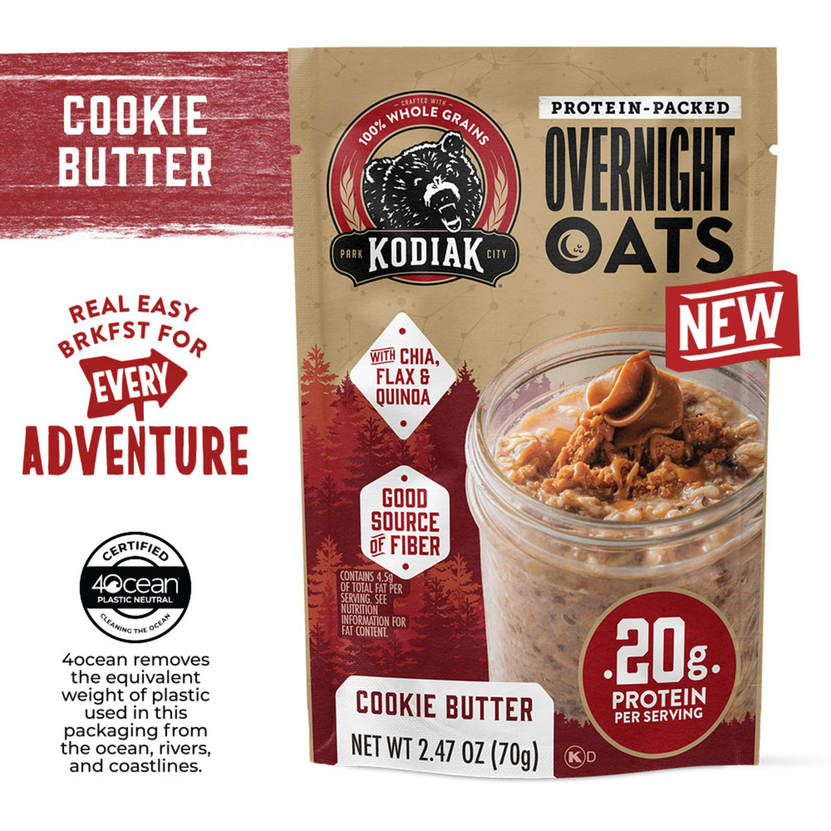 Kodiak Cakes overnight oats serving, convenient on-the-go breakfast boost.