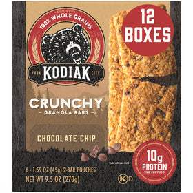 Kodiak Cakes Crunchy Granola Bar Chocolate Chip front box, convenient protein snack.