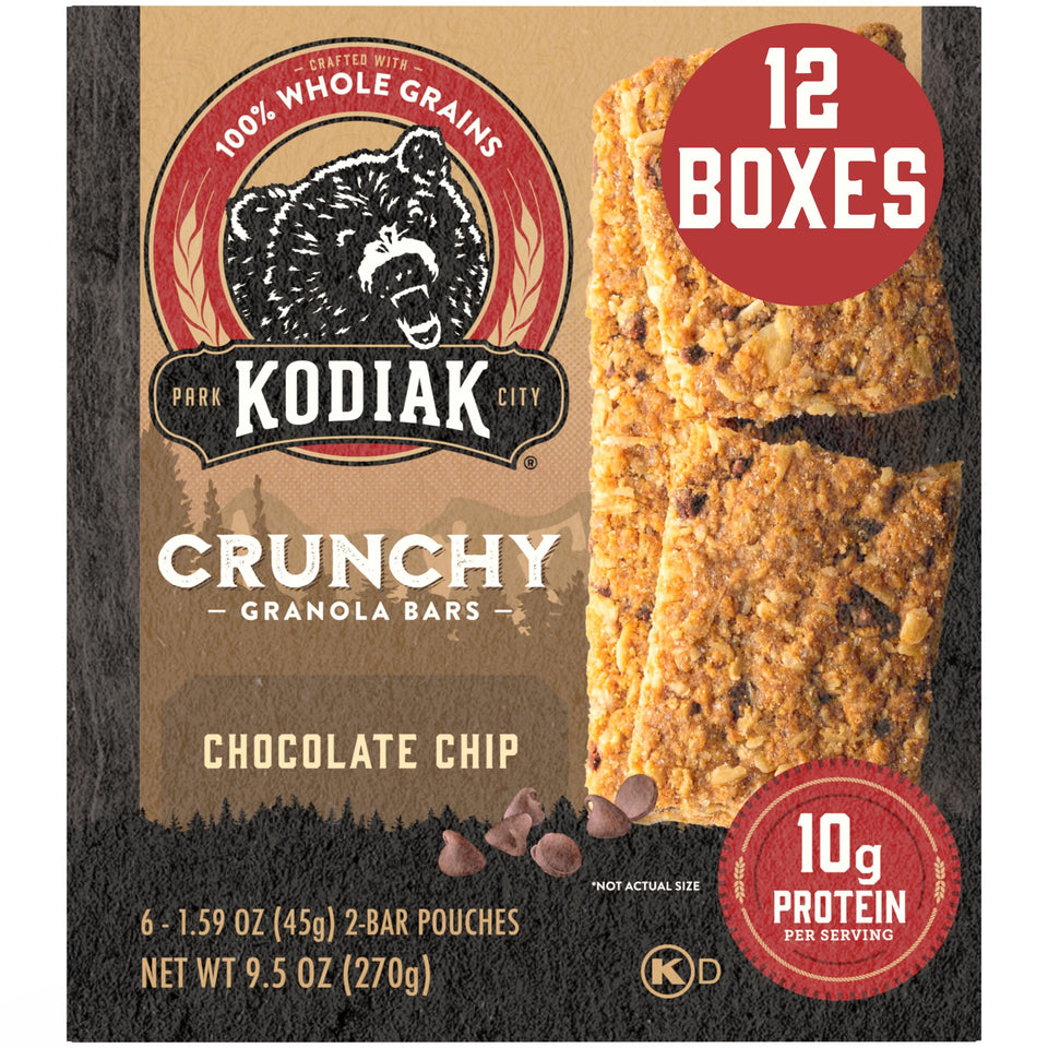 Kodiak Cakes Crunchy Granola Bar Chocolate Chip front box, convenient protein snack.