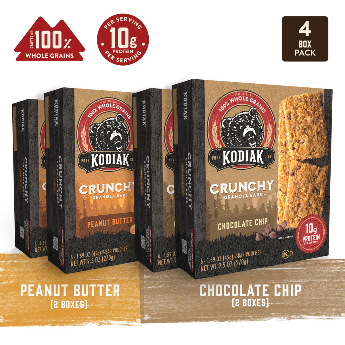 Kodiak Cakes Crunchy Granola Bar Chocolate Chip pouch offers quick energy for active days.