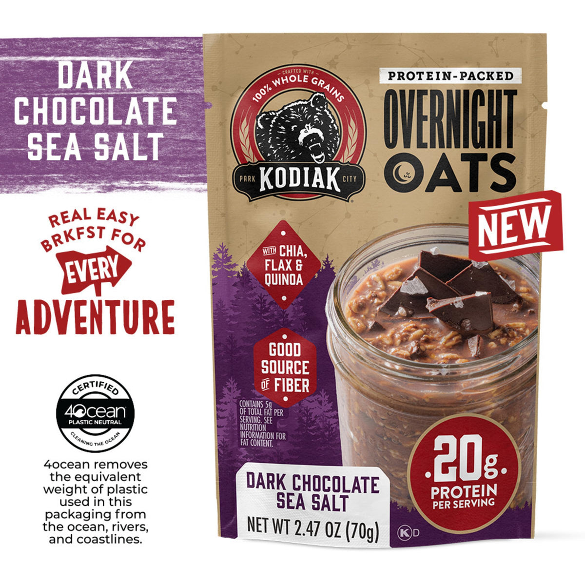 Kodiak Cakes Dark Chocolate Sea Salt oats with 20g protein per serving.