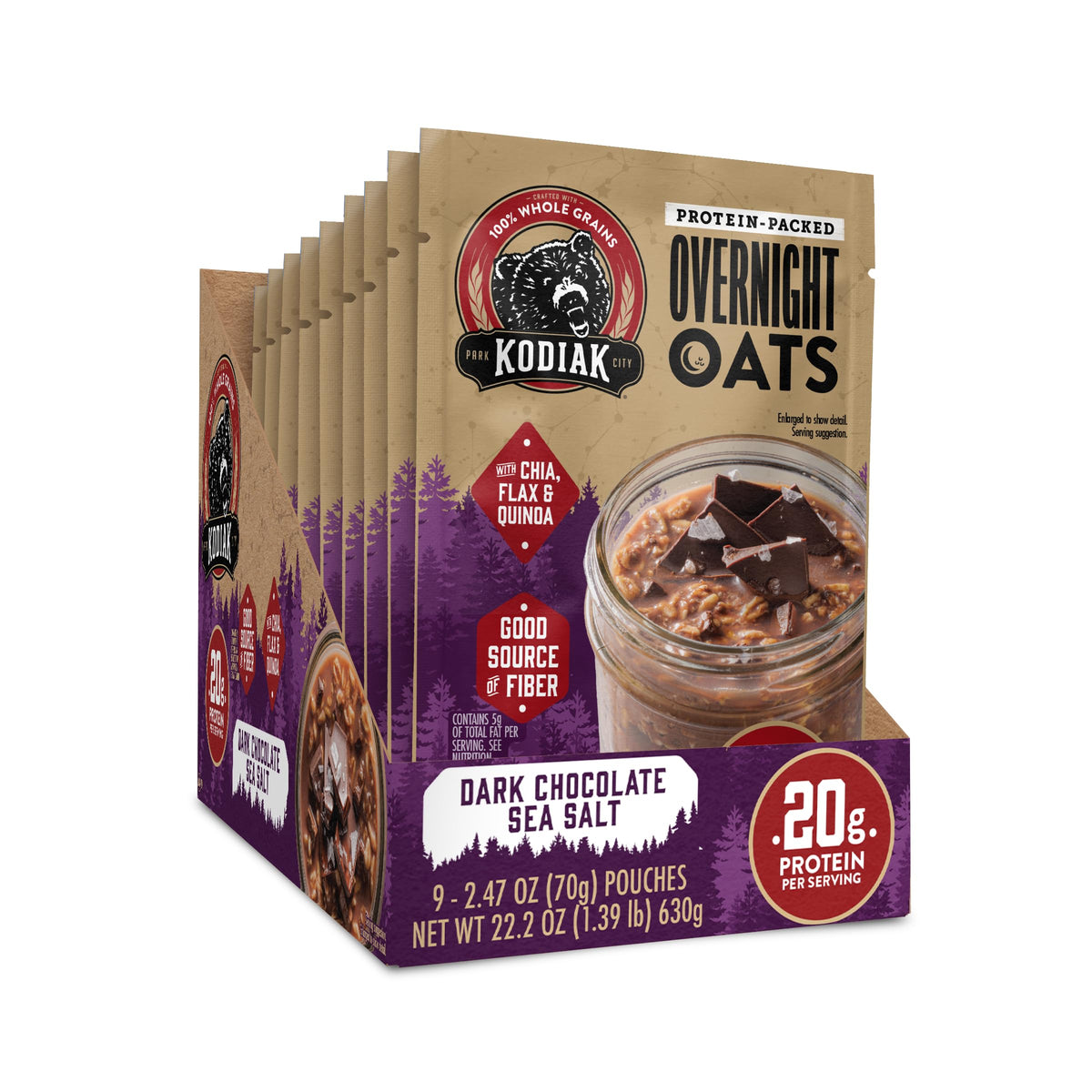 Kodiak Cakes Dark Chocolate Sea Salt nine-pouch pack, convenient for quick, on-the-go breakfasts.