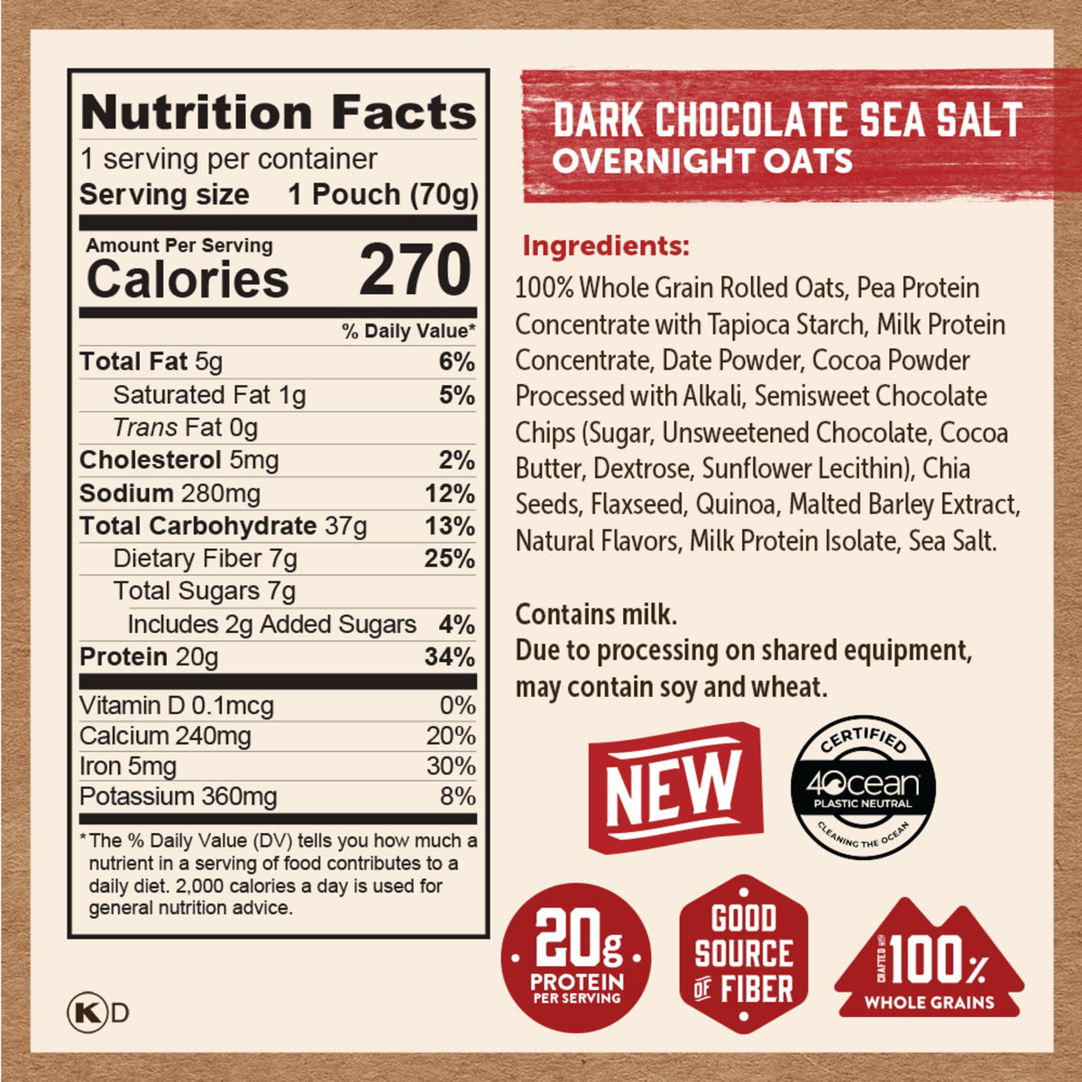 Kodiak Cakes Dark Chocolate Sea Salt oats featuring premium chia, flax, and quinoa.