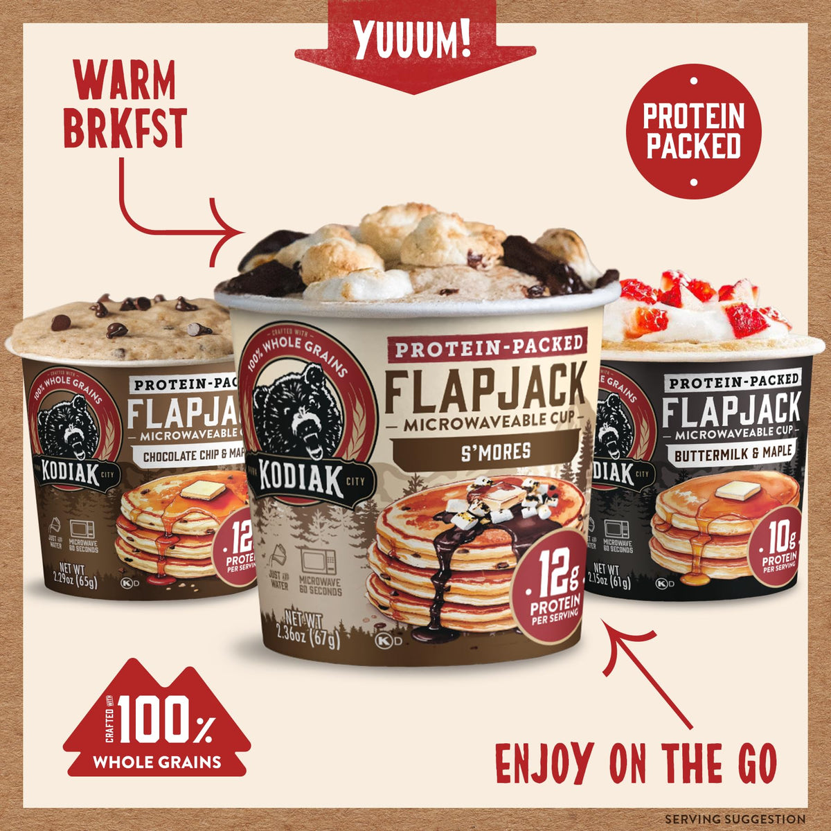 Kodiak Cakes flapjack cups S'mores variety, morning treat option.