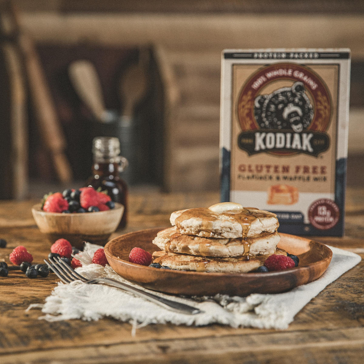 Kodiak Cakes Frontier Oat packaging on shelf, whole grains emphasis