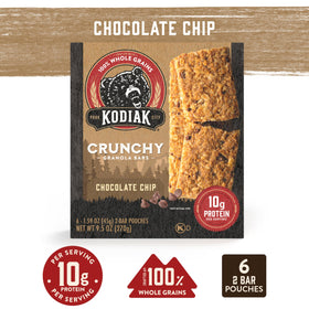 Close-up of chocolate chips and crunchy texture in Kodiak Cakes granola bar.