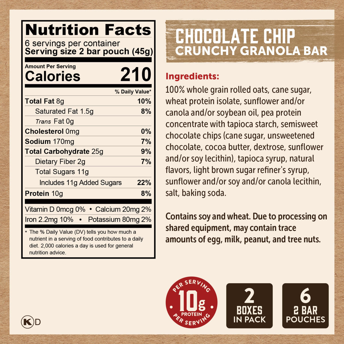 Kodiak Cakes Crunchy Granola Bar with visible chocolate chips highlights wholesome ingredients.