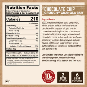 Kodiak Cakes Crunchy Granola Bar with visible chocolate chips highlights wholesome ingredients.