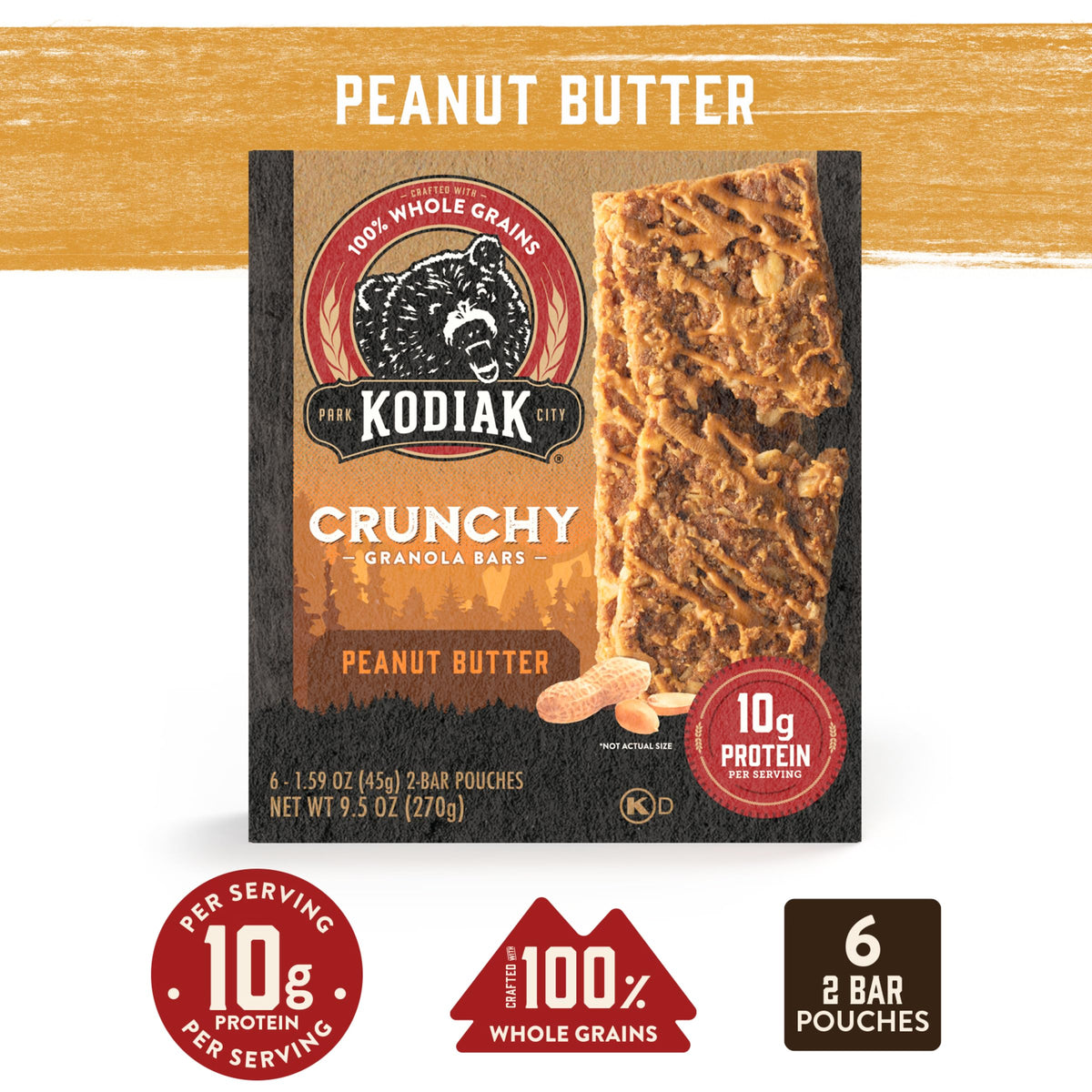 Close-up texture of Kodiak Cakes granola bar showing crunchy bits and creamy center.