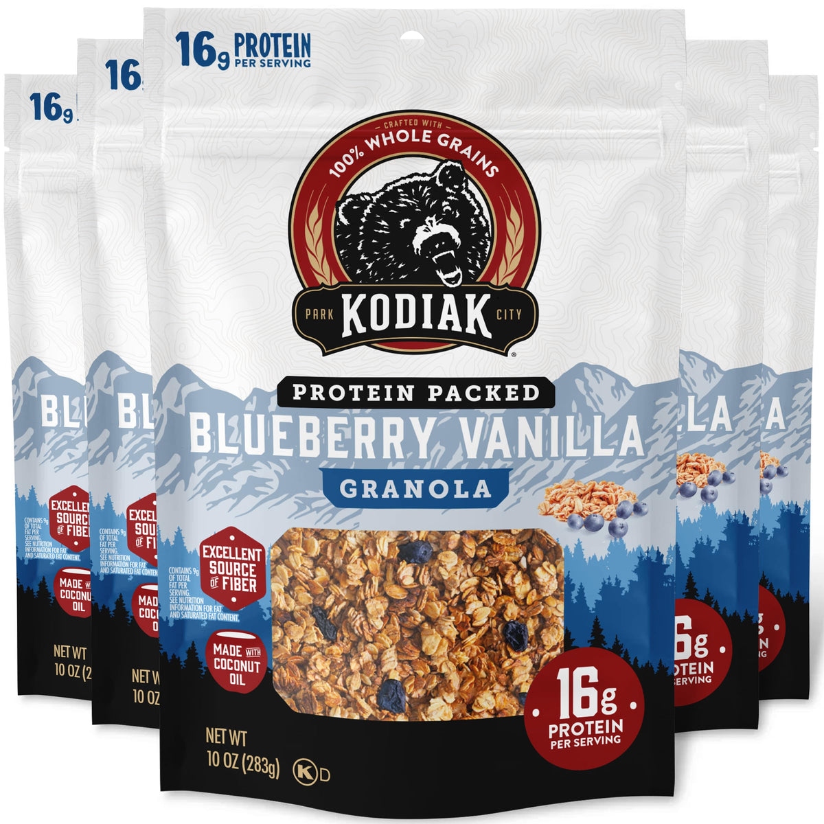 Kodiak Cakes Granola Blueberry Vanilla pouch closeup, resealable packaging for on-the-go protein snack.