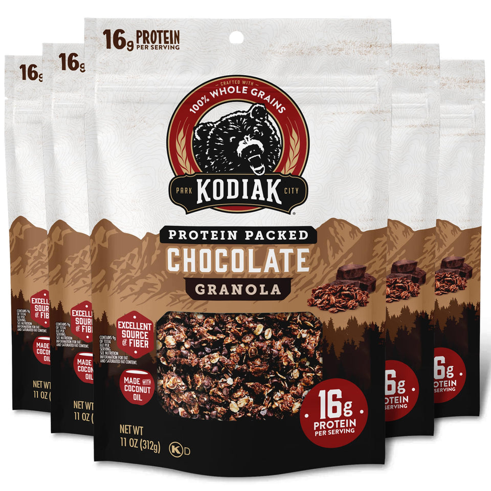 Kodiak Cakes Granola Chocolate pack front, five resealable pouches for convenient on-the-go breakfasts.
