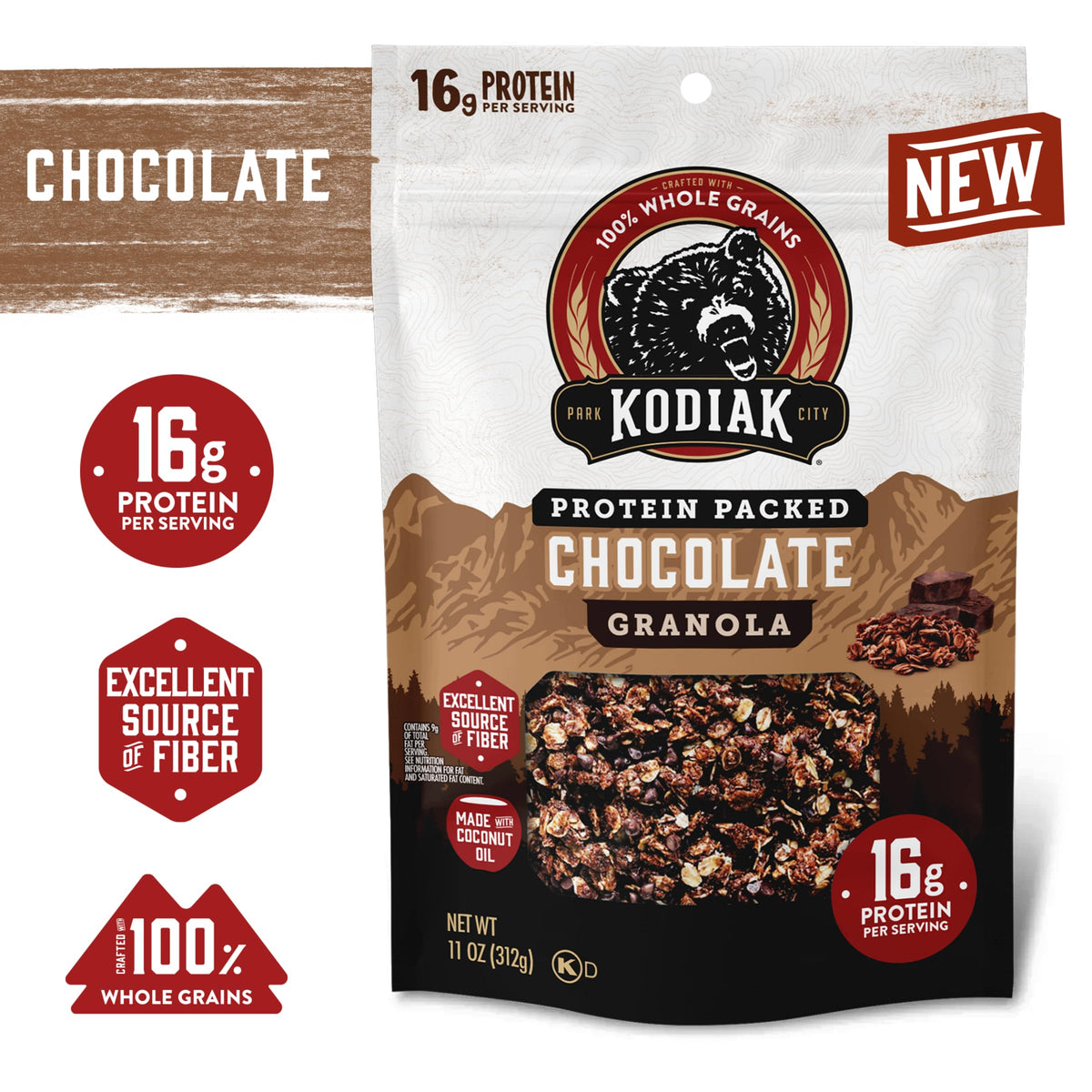 Kodiak Cakes Granola Chocolate serving scoop showing protein-packed crunch.