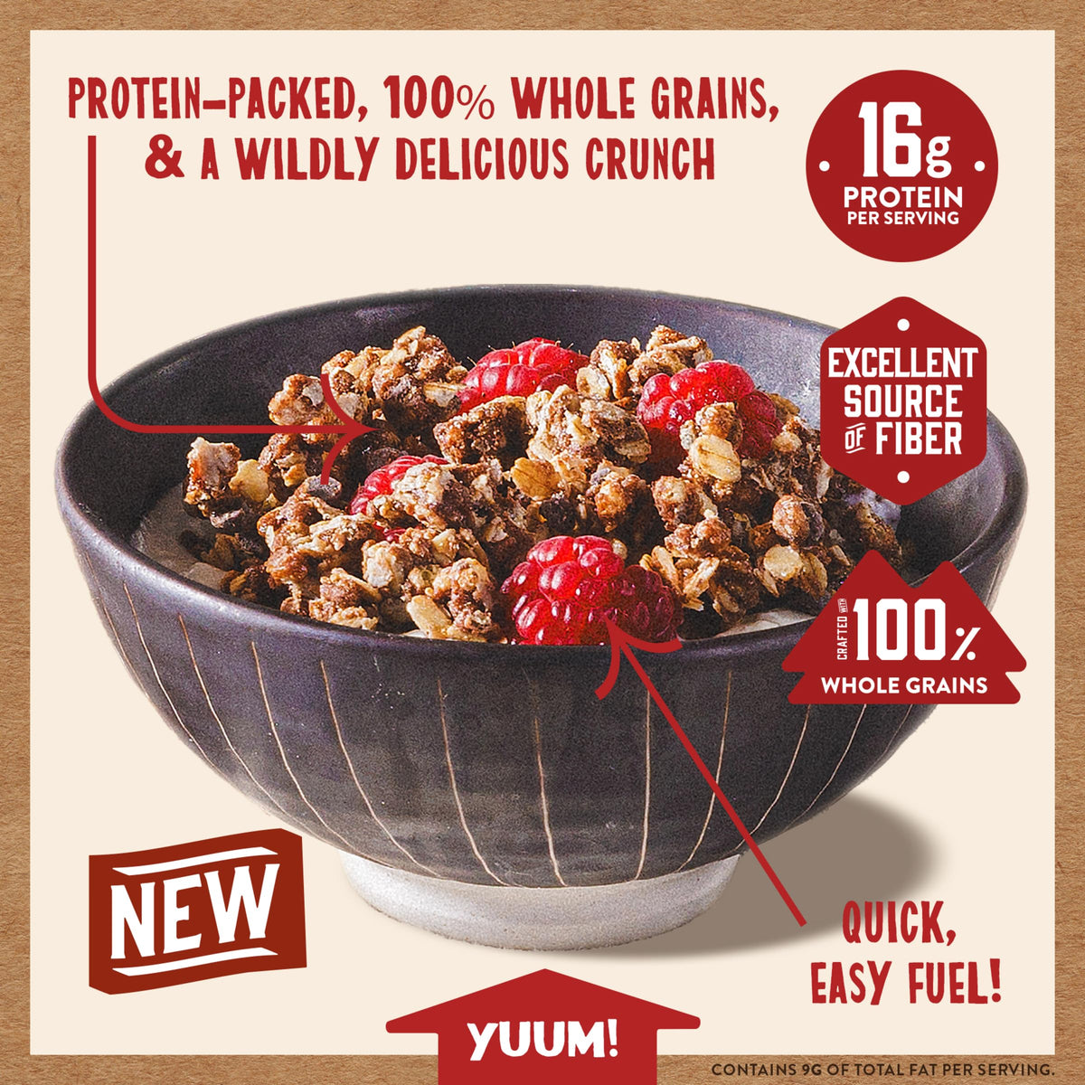 Kodiak Cakes Granola Chocolate texture close-up highlights hearty grains.