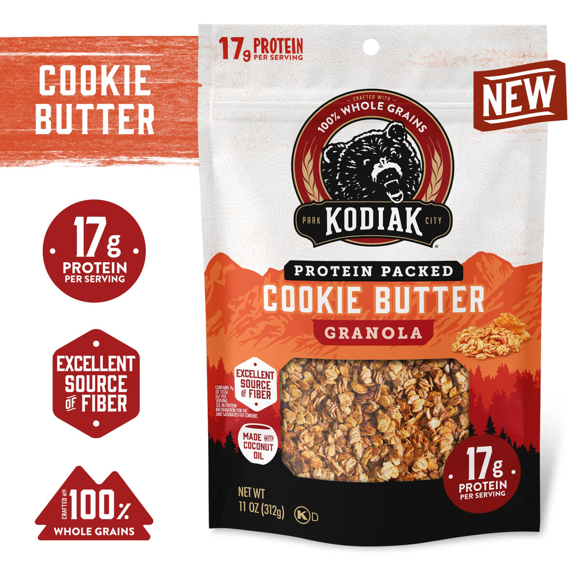Kodiak Cakes granola close-up highlights protein-ready serving in a 5-pack.