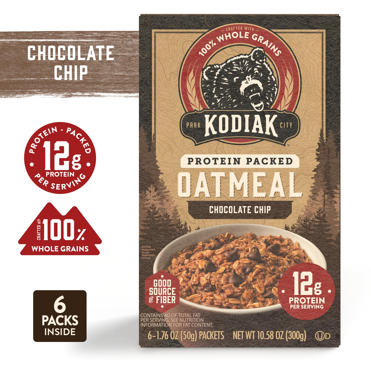 Kodiak Cakes instant oatmeal chocolate chip packet close-up with bowl for quick breakfast