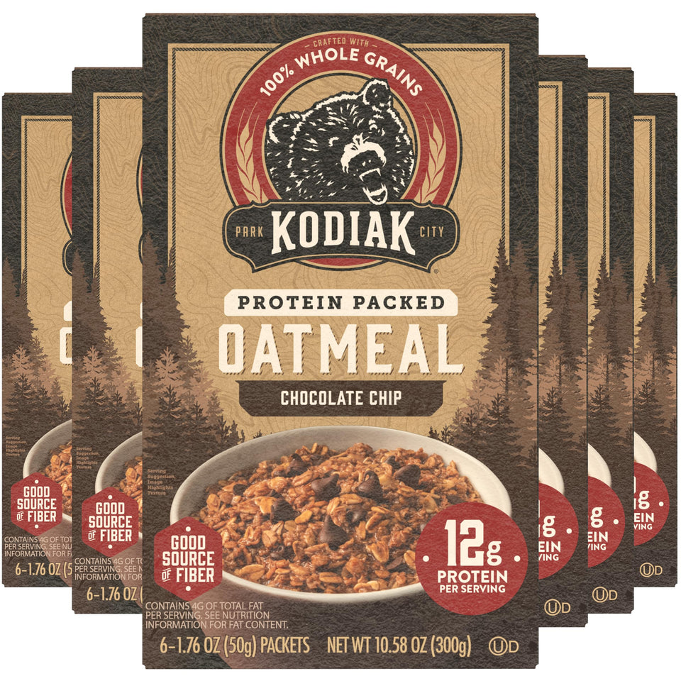 Kodiak Cakes instant oatmeal chocolate chip packet front view highlighting 12 g protein