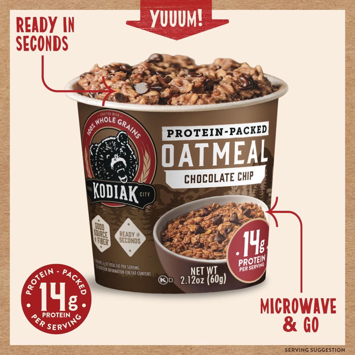 Close-up of chocolate chips in Kodiak Cakes oatmeal cup for a flavorful bite