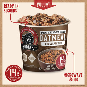 Close-up of chocolate chips in Kodiak Cakes oatmeal cup for a flavorful bite