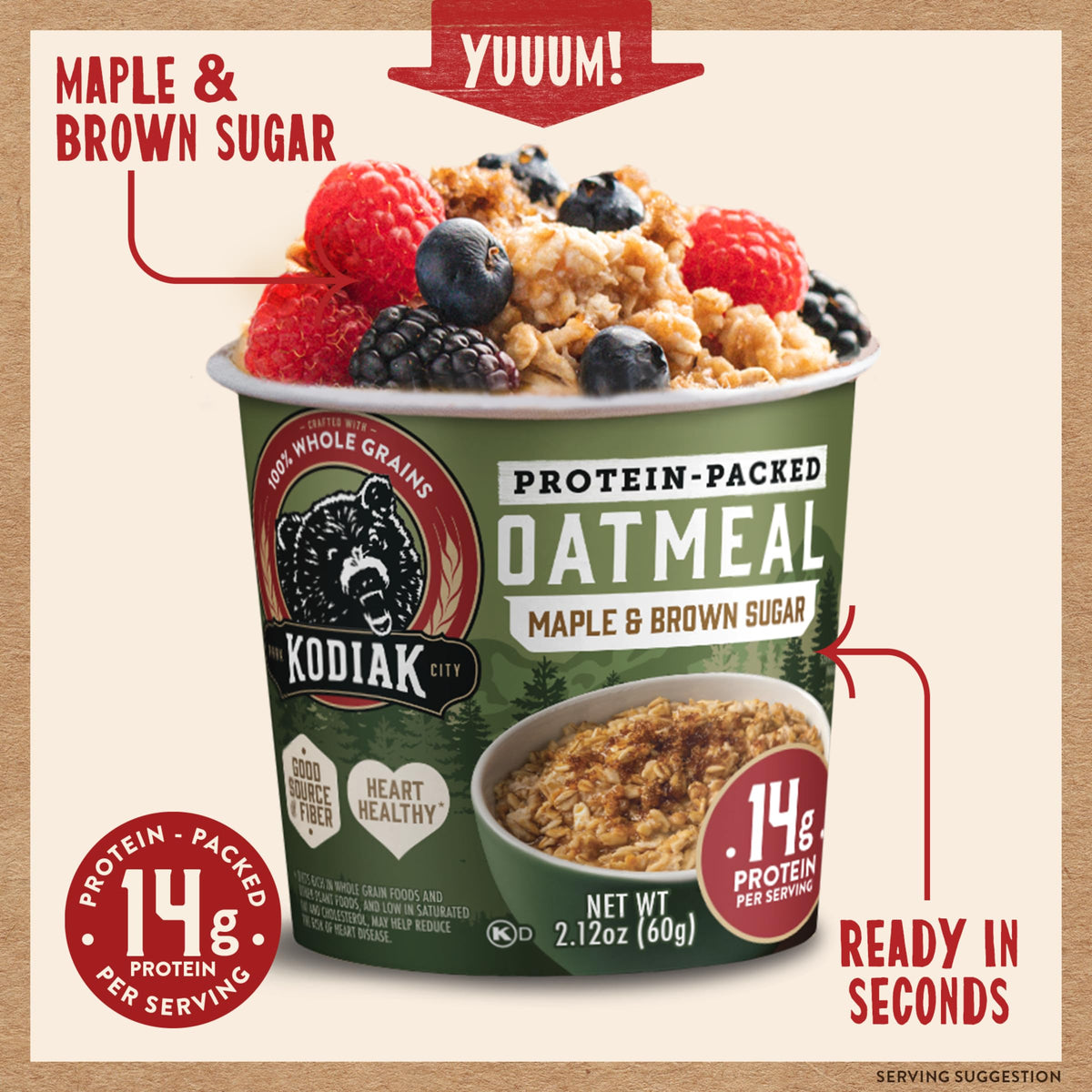 Kodiak Cakes maple brown sugar flavor close-up in cup highlights comforting aroma.