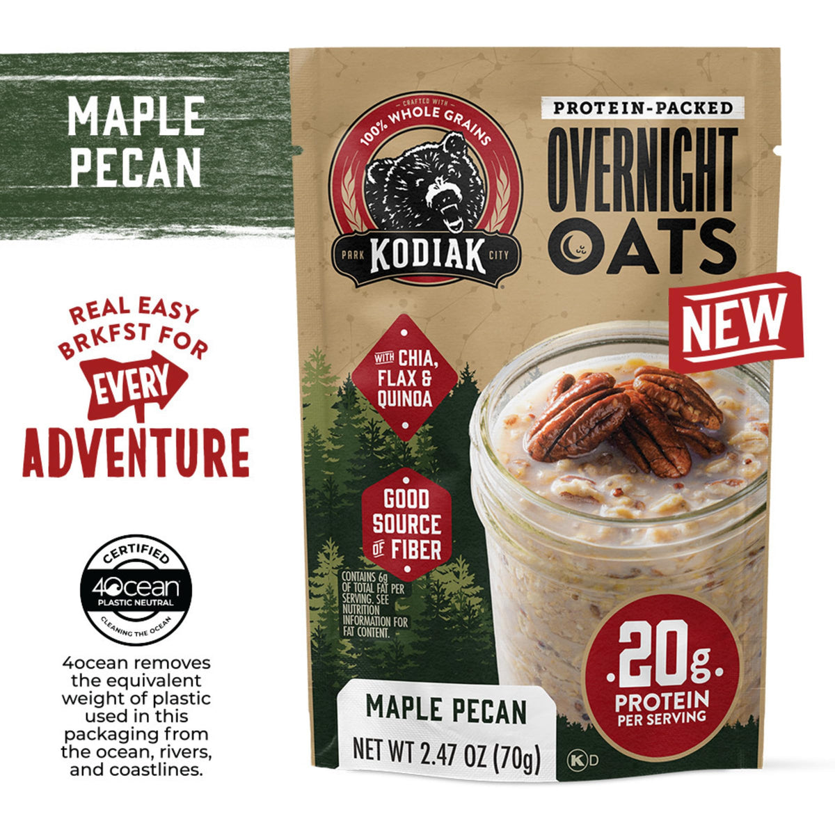 Close-up of oats, chia, flax, quinoa ingredients in Kodiak Cakes oats.