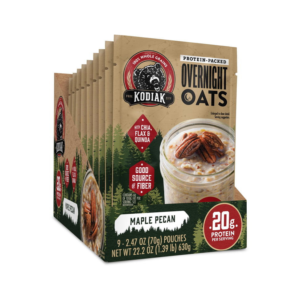 Kodiak Cakes Maple Pecan Overnight Oats packaging shown for quick, protein-packed morning.