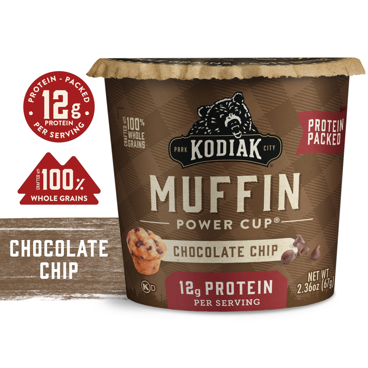 Kodiak Cakes Minute Muffins chocolate chip chips closeup, premium chocolate chips visible