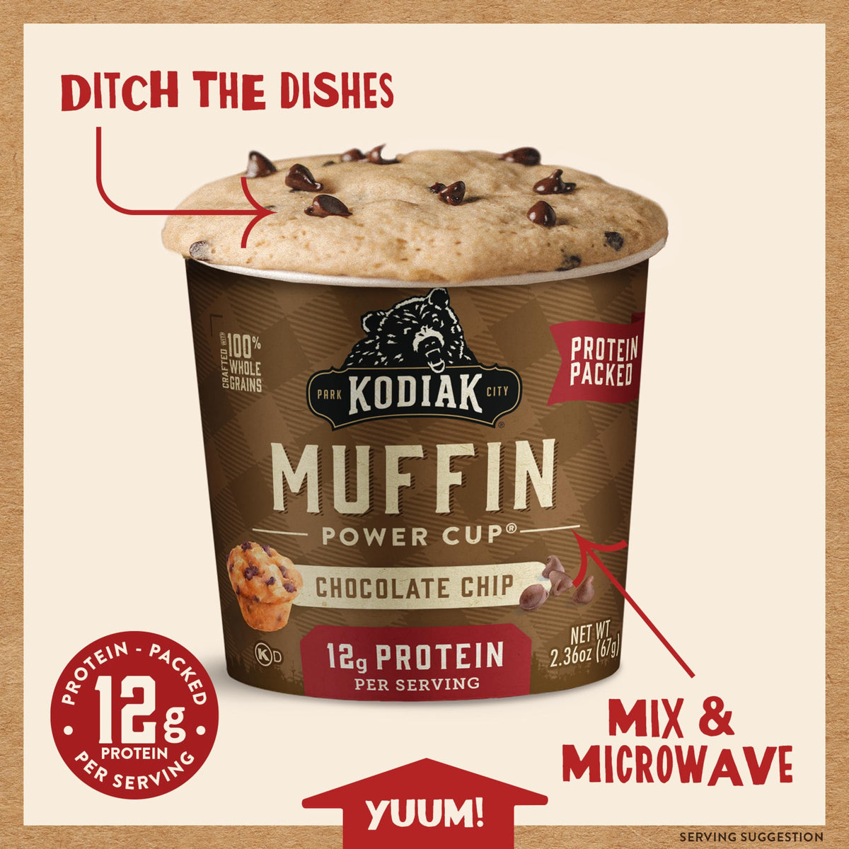 Kodiak Cakes Minute Muffins chocolate chip microwave-setup, quick prep in minutes