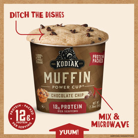 Kodiak Cakes Minute Muffins chocolate chip microwave-setup, quick prep in minutes