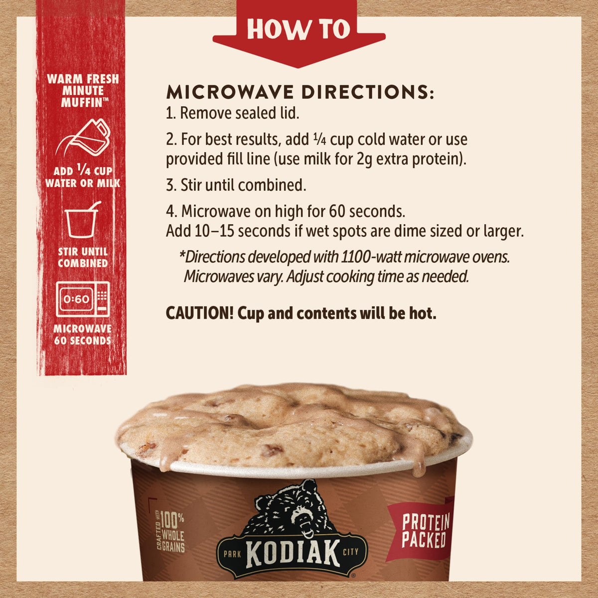 Warm Kodiak Cakes Cinnamon Roll Minute Muffins plated, convenient snack.
