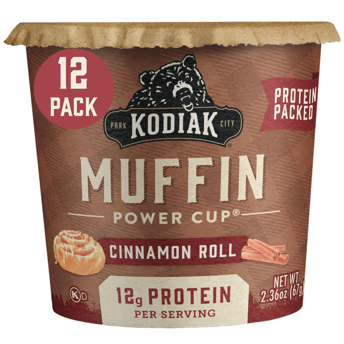 Kodiak Cakes Cinnamon Roll Minute Muffins front view, 12-pack for quick breakfasts.