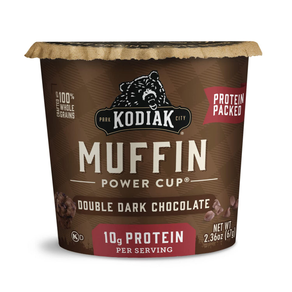 Kodiak Cakes Minute Muffins Double Dark Chocolate 12-pack, ready-to-bake for a protein-packed breakfast.