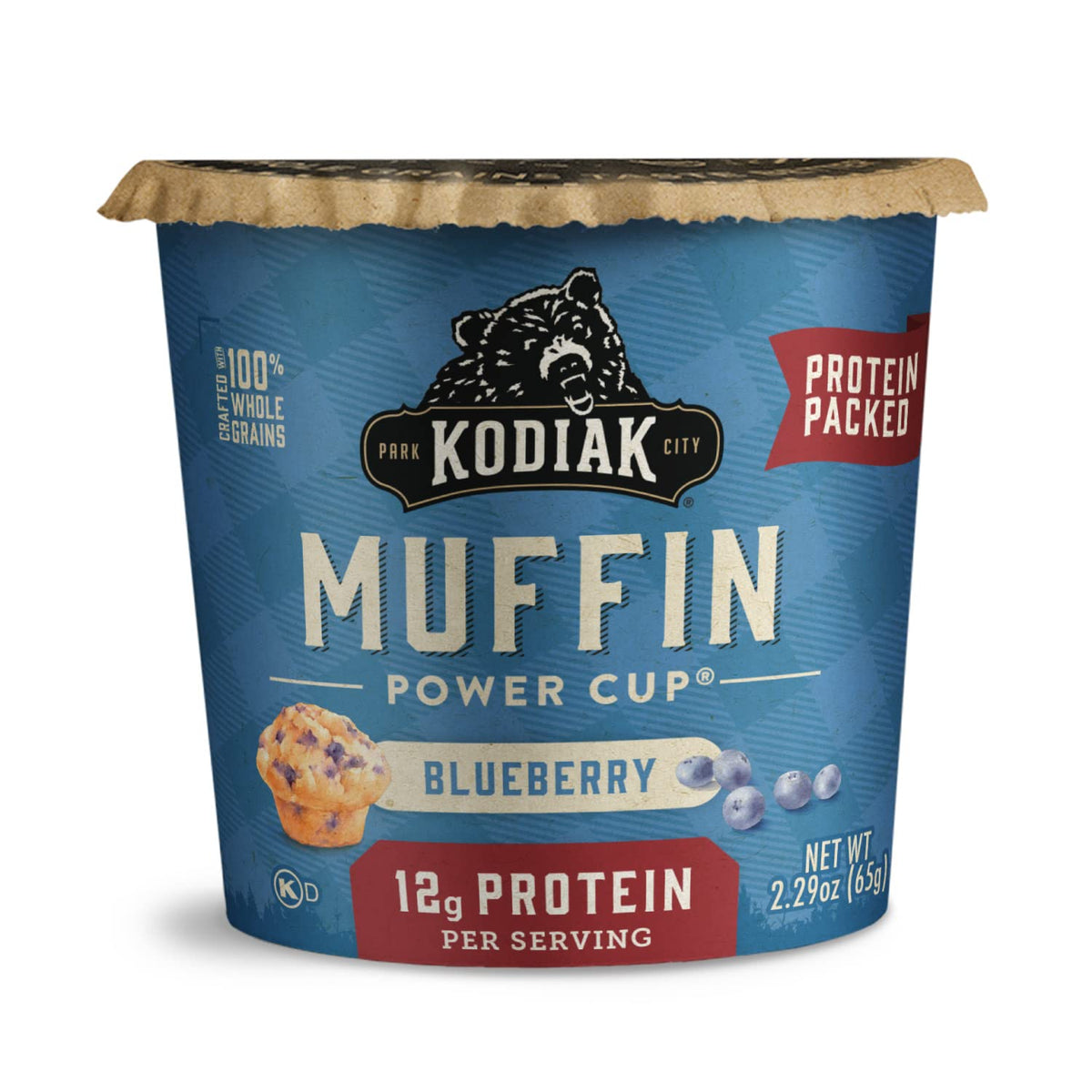 Kodiak Cakes Minute Muffins Mountain Blueberry packaging shows a 12-pack for quick mornings