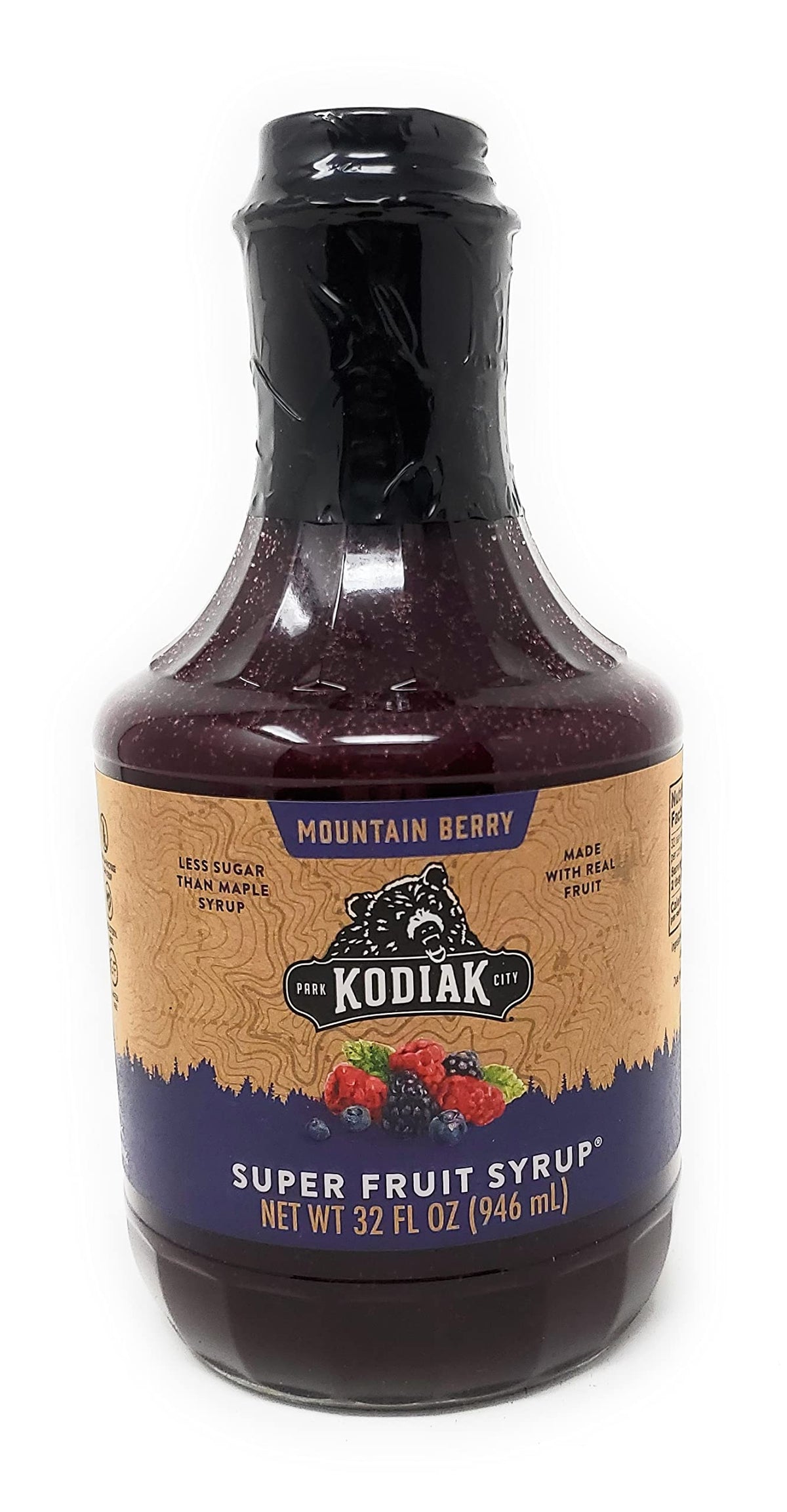 Kodiak Cakes Mountain Berry Syrup bottle for topping pancakes with berry flavor