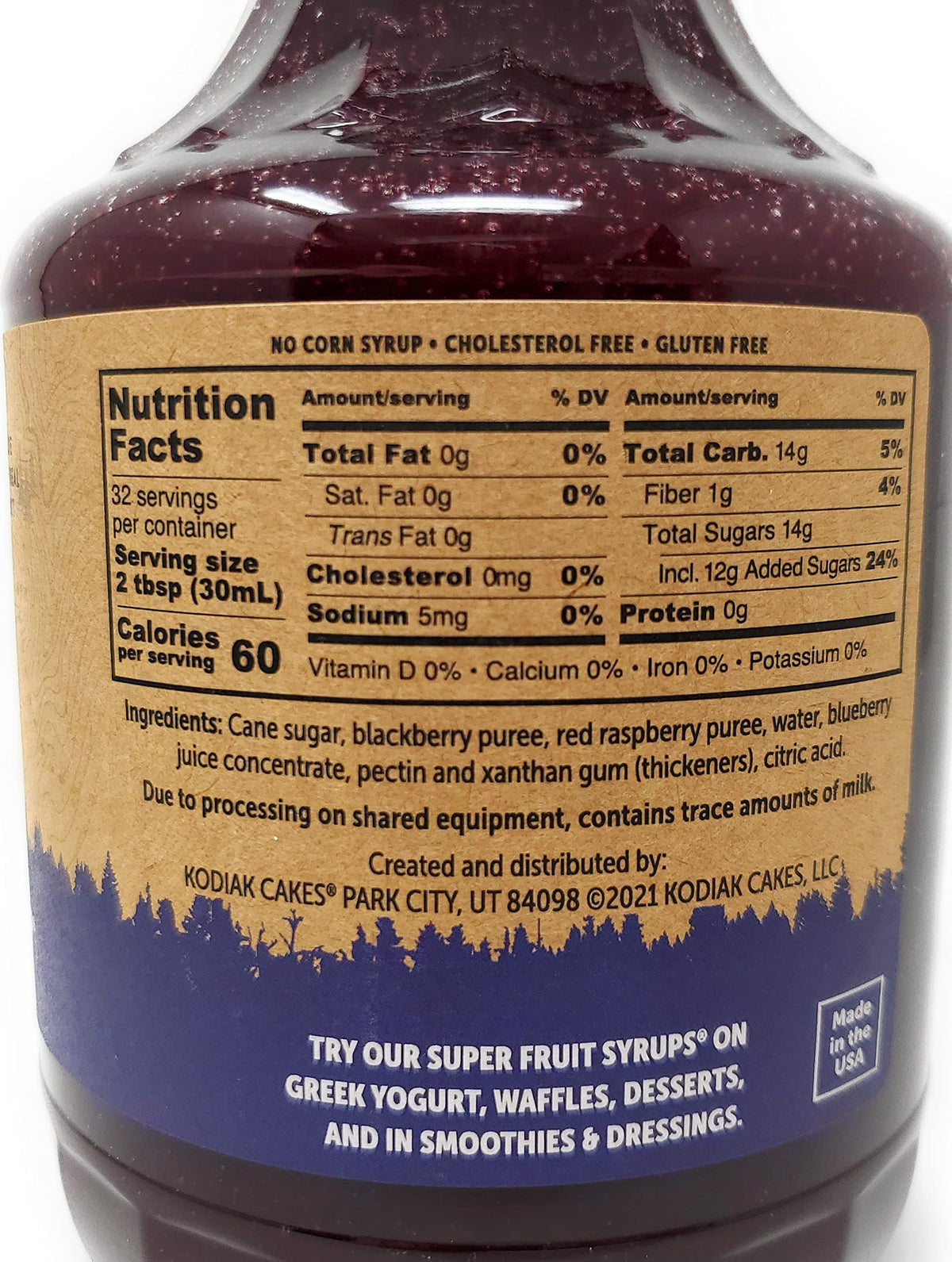 Kodiak Cakes Mountain Berry Syrup pour highlights rich berry notes for desserts