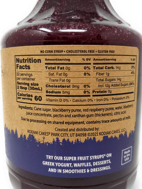 Kodiak Cakes Mountain Berry Syrup pour highlights rich berry notes for desserts