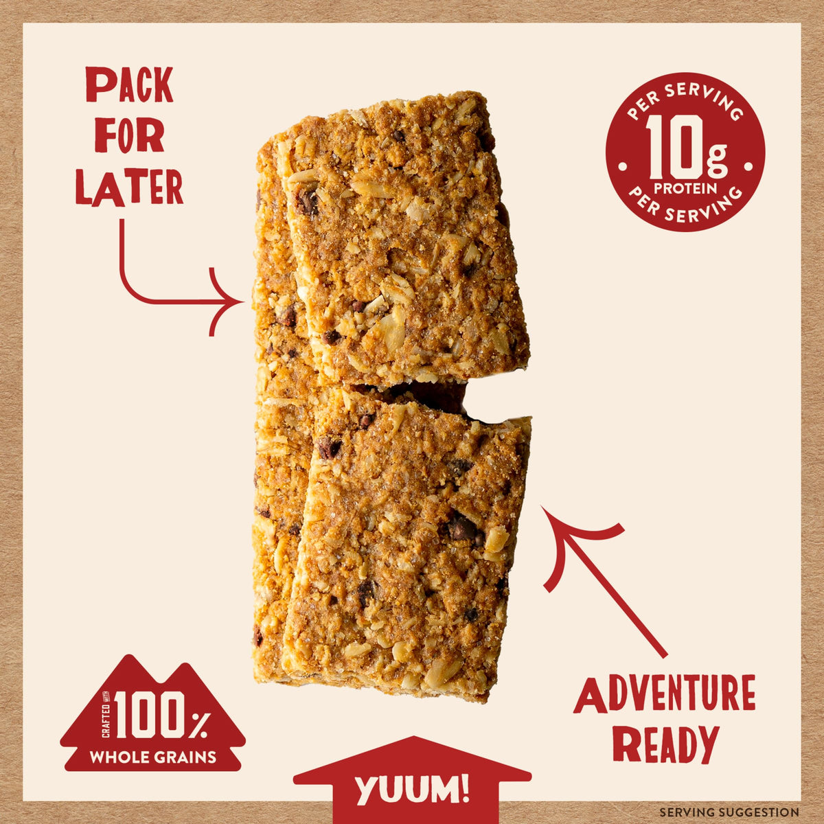 Nutrition panel shows 10 g protein and whole grains for balanced snacking.
