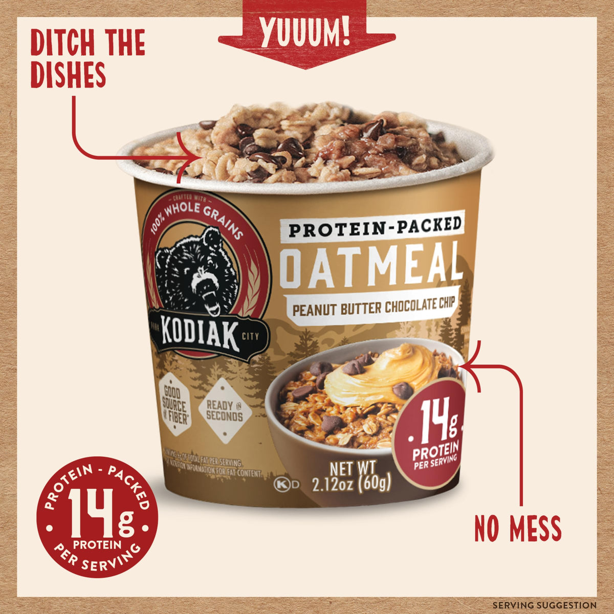 Kodiak Cakes oatmeal cups with peanut butter chocolate chips, protein-rich treat.