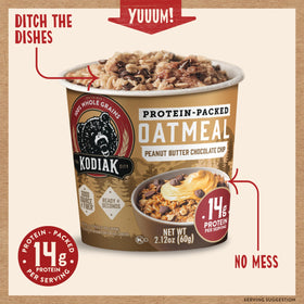 Kodiak Cakes oatmeal cups with peanut butter chocolate chips, protein-rich treat.