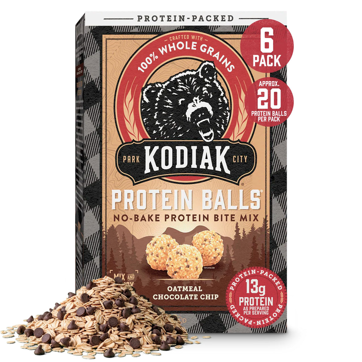 Kodiak Cakes Oatmeal Protein Ball Mix packaging shows six boxes for easy snacking.